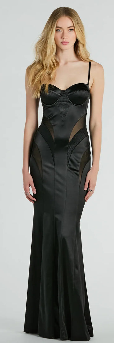 Turn heads at Prom 2025 in this black prom dress, where statement-making details meet the iconic style of the Kaya Bustier Mesh Satin Mermaid Formal Dress .