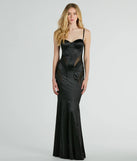 Turn heads at Prom 2025 in this black prom dress, where statement-making details meet the iconic style of the Kaya Bustier Mesh Satin Mermaid Formal Dress .