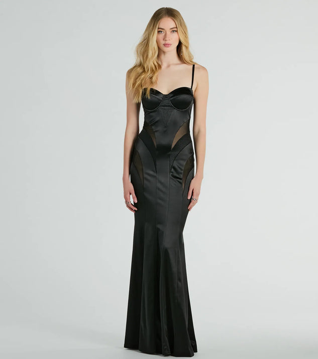 Turn heads at Prom 2025 in this black prom dress, where statement-making details meet the iconic style of the Kaya Bustier Mesh Satin Mermaid Formal Dress .