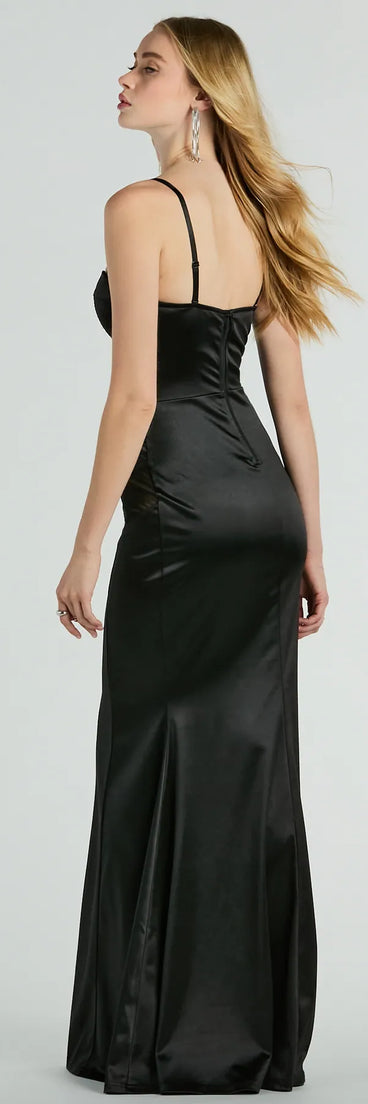 Celebrate in style with the Kaya Bustier Mesh Satin Mermaid Formal Dress, a black formal wedding guest dress featuring an elegant silhouette and luxe details, perfect for a black-tie celebration.