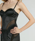 Make a bold statement in the Kaya Bustier Mesh Satin Mermaid Formal Dress in black, the perfect spring dress for weddings, cocktail hours, nights out, and/or seasonal celebrations.