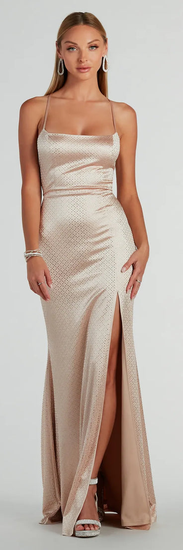 You'll be the best dressed in the Whittney Lace-Up Rhinestone Satin Formal Dress as your fall formal dress with beautiful and unique details from Windsor.