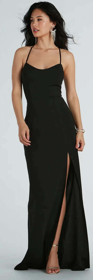 You'll be the best dressed in the Brianna Strappy Back Mermaid Crepe Formal Dress as your winter formal dress with beautiful and unique details from Windsor.