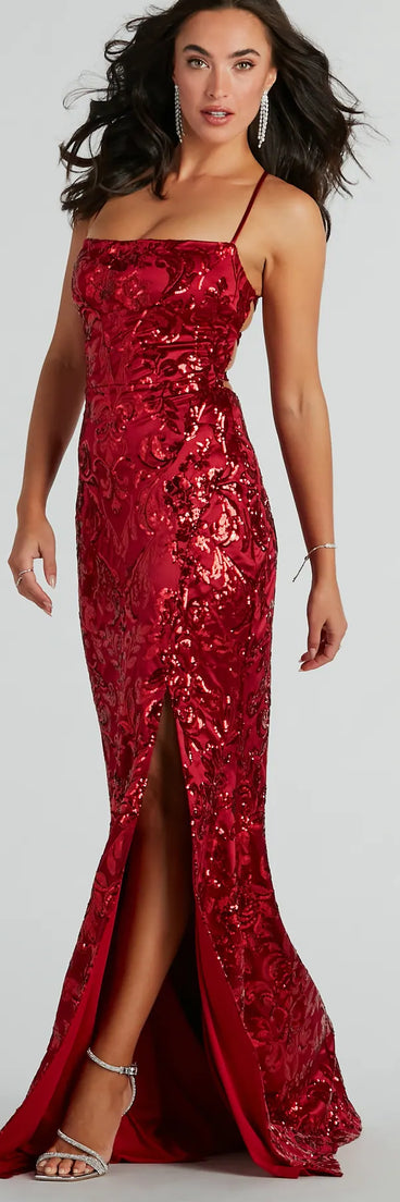 Feel instantly put-together in the Marisol Lace-Up Column Sequin Satin Formal Dress in wine, a stylish wedding guest dress designed for confident style and all-out celebration.