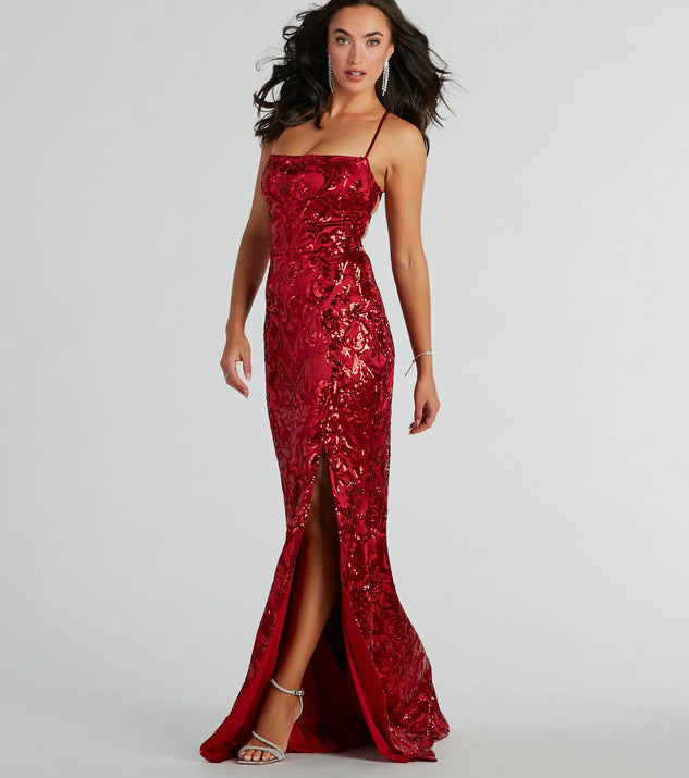 Own every entrance in the Marisol Lace-Up Column Sequin Satin Formal Dress, a wine party dress perfect for milestone birthdays and grad parties, or dancing through summer nights and unforgettable bachelorette celebrations.