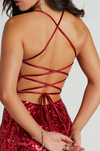 Marisol Lace-Up Column Sequin Satin Formal Dress