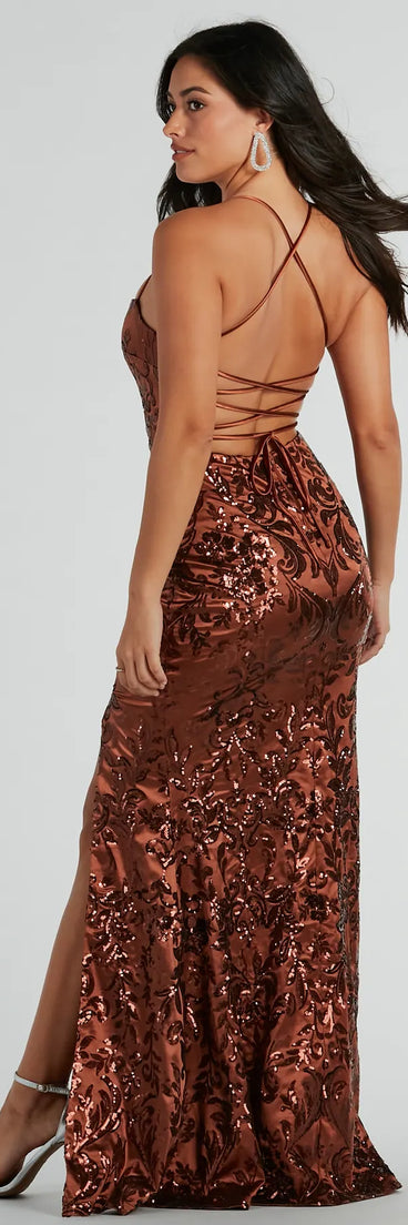 Own every entrance in the Marisol Lace-Up Column Sequin Satin Formal Dress, a brown party dress perfect for milestone birthdays and grad parties, or dancing through weekend nights and unforgettable bachelorette celebrations.
