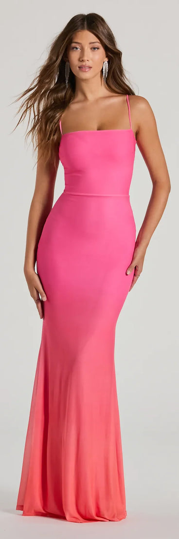 You'll feel stylish and confident in the Emmalyn Ombre Mesh Lace-Up Mermaid Dress as your Winter Formal Dress to stand out at your dance or event.