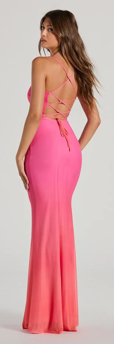 You'll feel stylish and confident in the Emmalyn Ombre Mesh Lace-Up Mermaid Dress as your Winter Formal Dress to stand out at your dance or event.