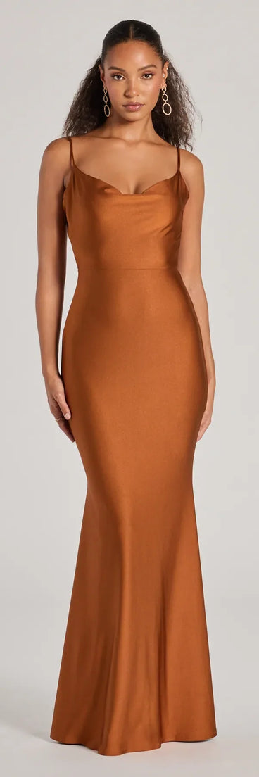 Feel polished and confident in the Virginia Cowl Neck Tie-Back Mermaid Formal Dress, a copper prom dress designed with luxe fabric and modern detail that shows off your vibe.