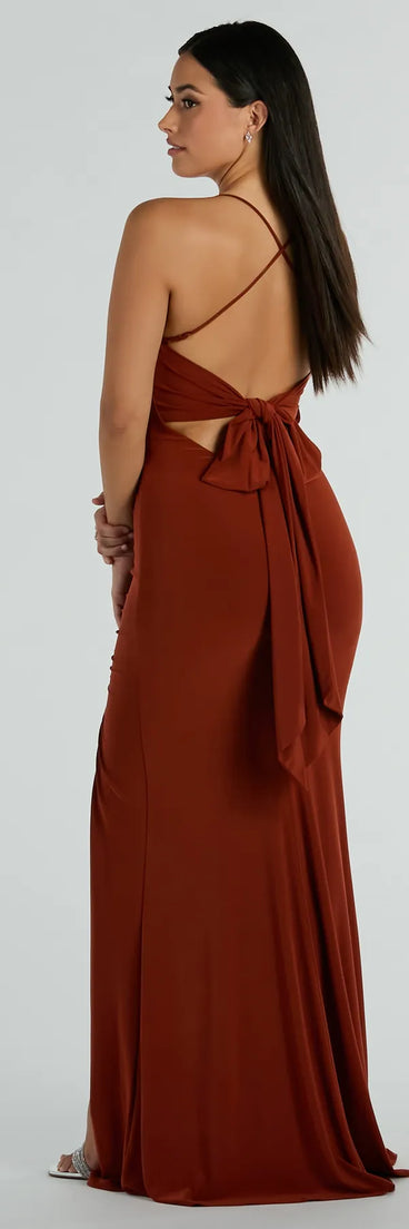 Feel instantly put-together in the Ashley Sleeveless Bow Mermaid Formal Dress in rust, a formal wedding guest or prom dress designed for confident style and all-out celebration.