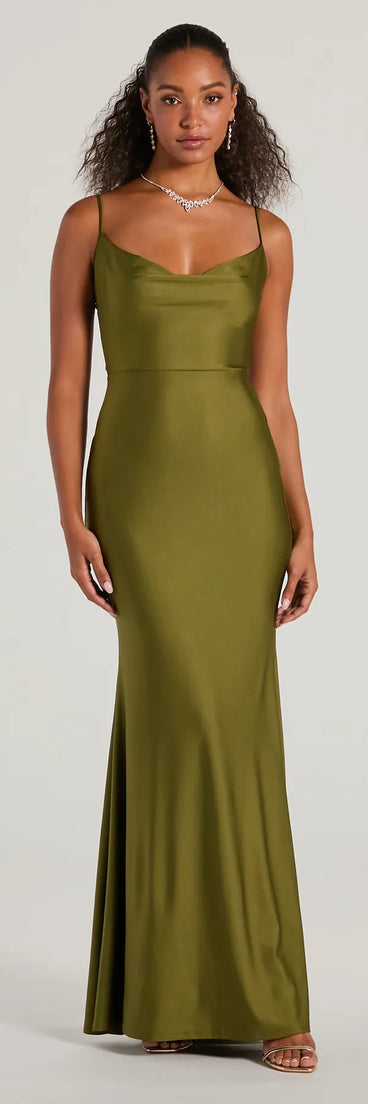 Feel instantly put-together in the Virginia Cowl Neck Tie-Back Mermaid Formal Dress in olive green, a stylish wedding guest dress designed for confident style and all-out celebration.