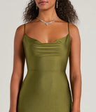 Make a bold statement in the Virginia Cowl Neck Tie-Back Mermaid Formal Dress in olive green, the perfect green dress for weddings, cocktail hours, nights out, and/or seasonal celebrations.