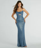 Turn heads at Prom 2025 in this slate prom dress, where statement-making details meet the iconic style of the Harley Sleeveless Cutout Bodycon Glitter Formal Dress .