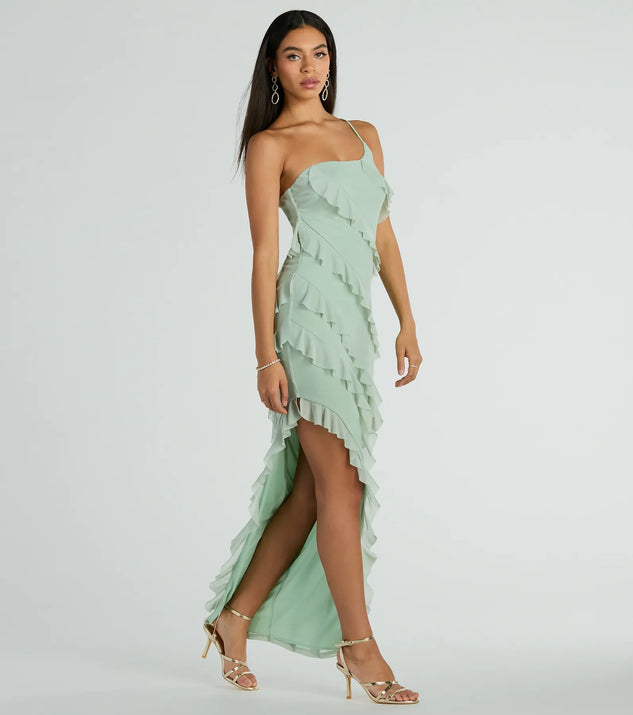 Turn heads at Prom 2025 in this sage green prom dress, where statement-making details meet the iconic style of the Jaymie One-Shoulder Ruffle Slit Formal Dress .