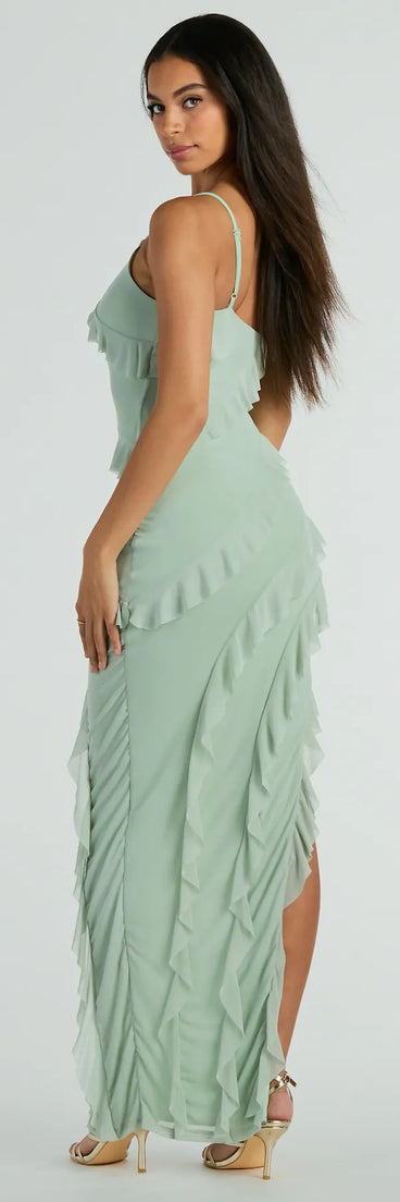 Revamp your 2025 wardrobe with this chic addition, the Jaymie One-Shoulder Ruffle Slit Formal Dress in sage green, perfect for elevating your style in the new year.