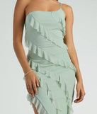 Revamp your 2025 wardrobe with this chic addition, the Jaymie One-Shoulder Ruffle Slit Formal Dress in sage green, perfect for elevating your style in the new year.