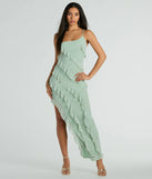 Revamp your 2025 wardrobe with this chic addition, the Jaymie One-Shoulder Ruffle Slit Formal Dress in sage green, perfect for elevating your style in the new year.