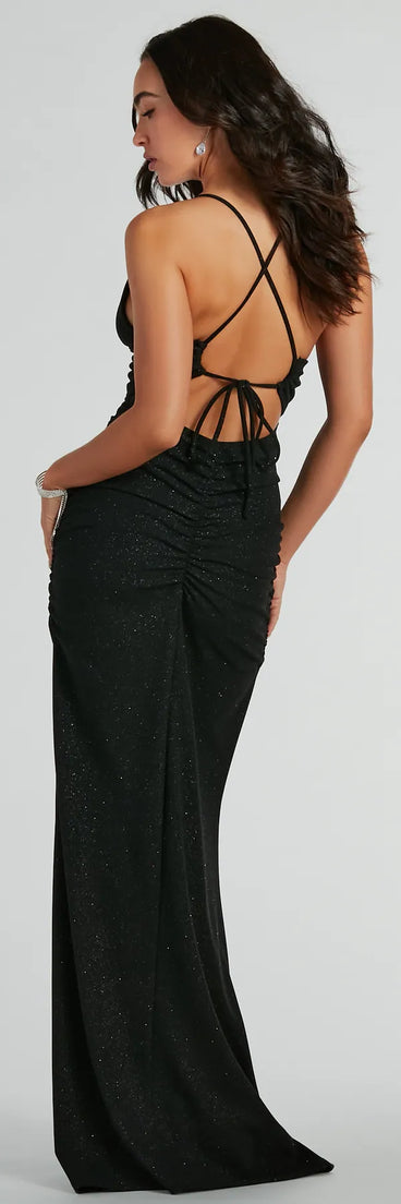 A stunning pick for an engagement photoshoot outfit or autumn wedding guest dress, this fall formal dress showcases the May Lace-Up Mermaid Glitter Formal Dress in black with a graceful silhouette that captures the moment.