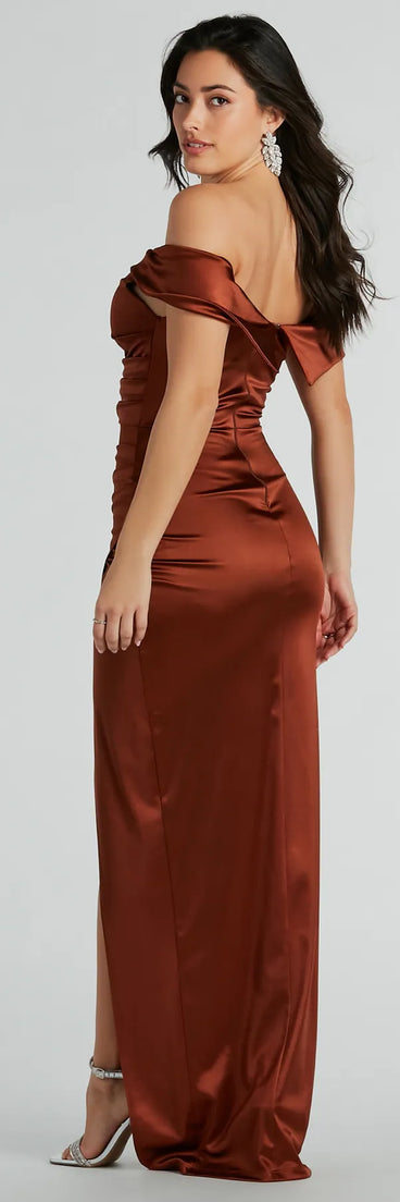 The elegant Maeva Formal Satin Off-The-Shoulder Dress is a brown satin bridesmaid dress crafted with luxe fabric, ideal for modern weddings and traditional bridal parties.