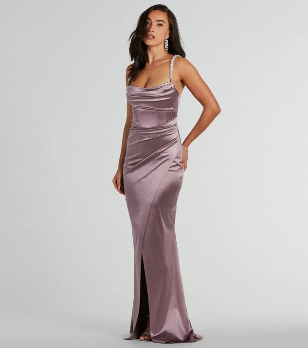 satin dress with pearl straps Saving Grace Pearl Strap Maxi Dress Oyster