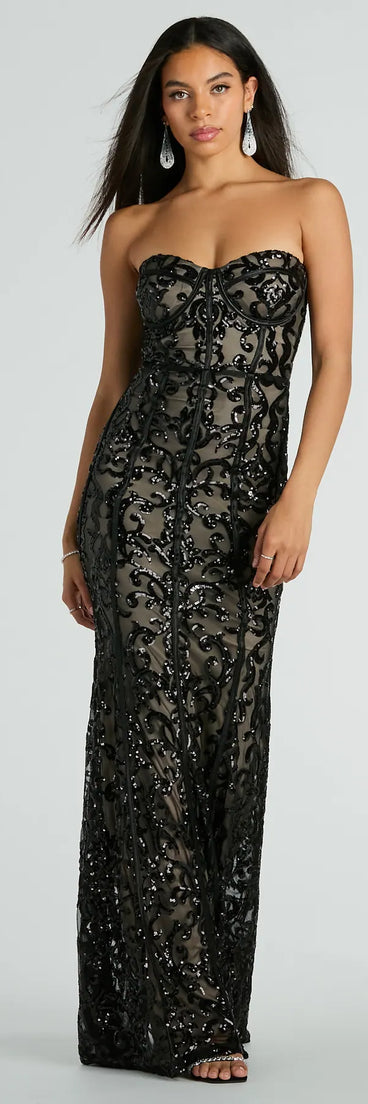 Turn heads at Prom 2025 in this black prom dress, where statement-making details meet the iconic style of the Serena Strapless Corset Sequin Column Formal Dress .