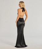 The elegant Aleah Formal Satin Halter Mermaid Dress is a black satin bridesmaid dress crafted with luxe fabric, ideal for modern weddings and traditional bridal parties.