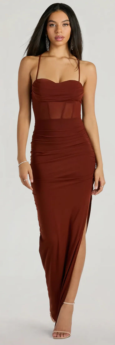 Turn heads at HOCO 2025 in this brown homecoming dress, where statement-making details meet the iconic style of the Rose Formal Mesh Corset Long Dress.