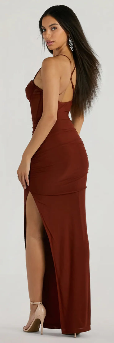 Feel instantly put-together in the Rose Formal Mesh Corset Column Dress in brown, a fall wedding guest dress designed for confident style and all-out celebration.