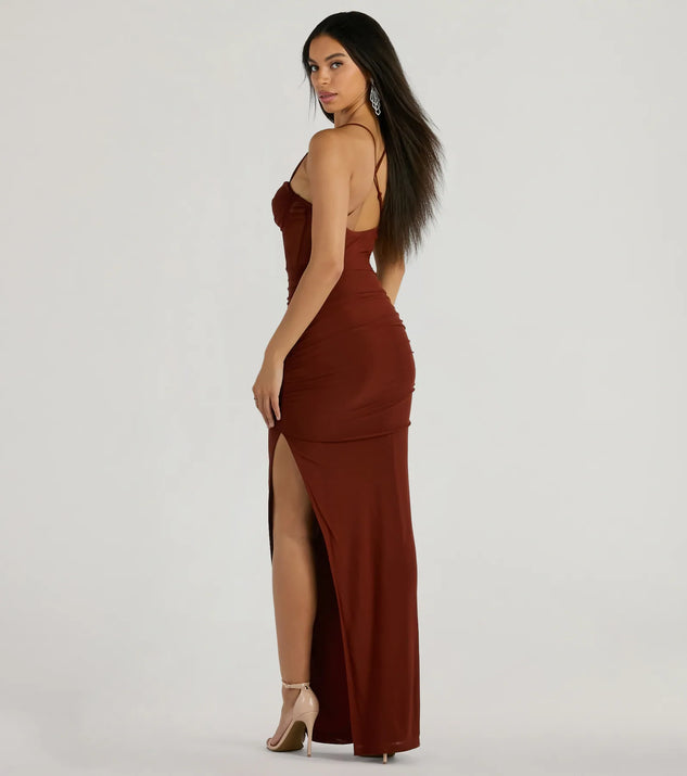 Feel instantly put-together in the Rose Formal Mesh Corset Column Dress in brown, a summer wedding guest dress designed for confident style and all-out celebration.