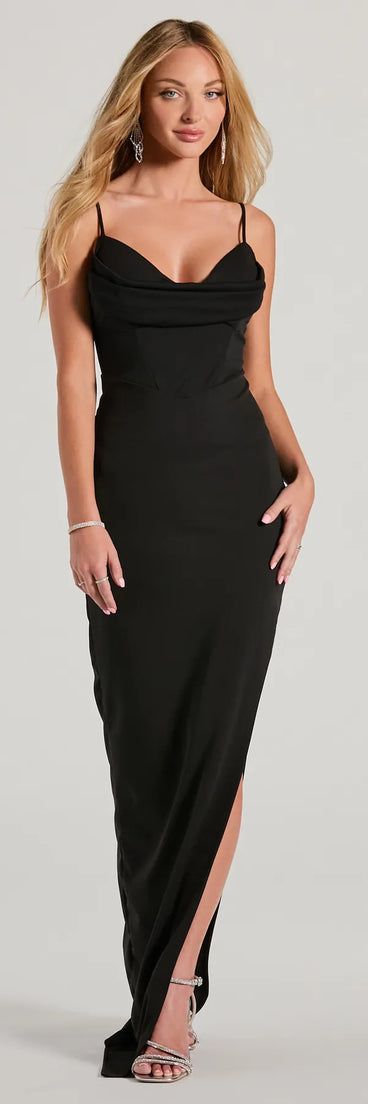 Feel instantly put-together in the Alex Cowl Neck Slit Slim Crepe Formal Dress in black, a summer wedding guest dress designed for confident style and all-out celebration.