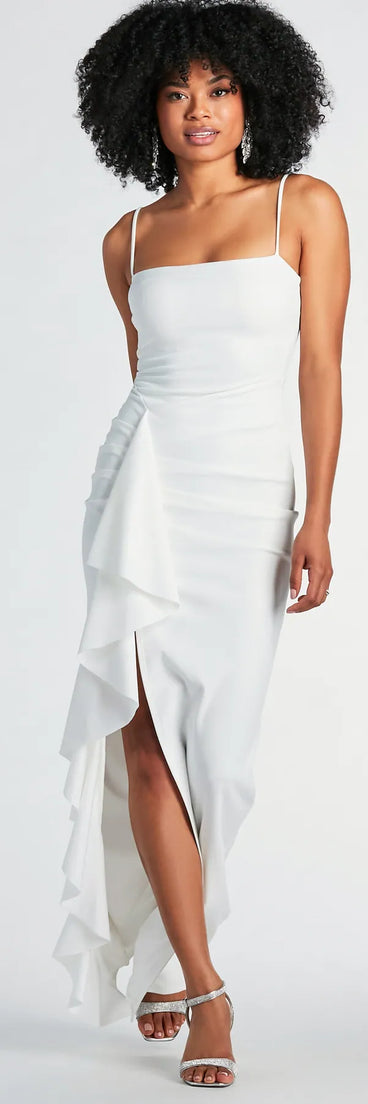 Turn heads at Prom 2025 in this white prom dress, where statement-making details meet the iconic style of the Maggie Ruffled High Slit Crepe Formal Dress .
