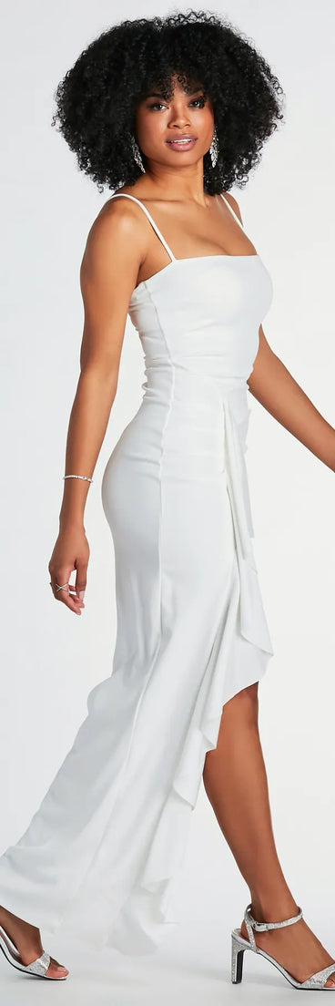Revamp your 2025 wardrobe with this chic addition, the Maggie Ruffled High Slit Crepe Formal Dress in white, perfect for elevating your style in the new year.