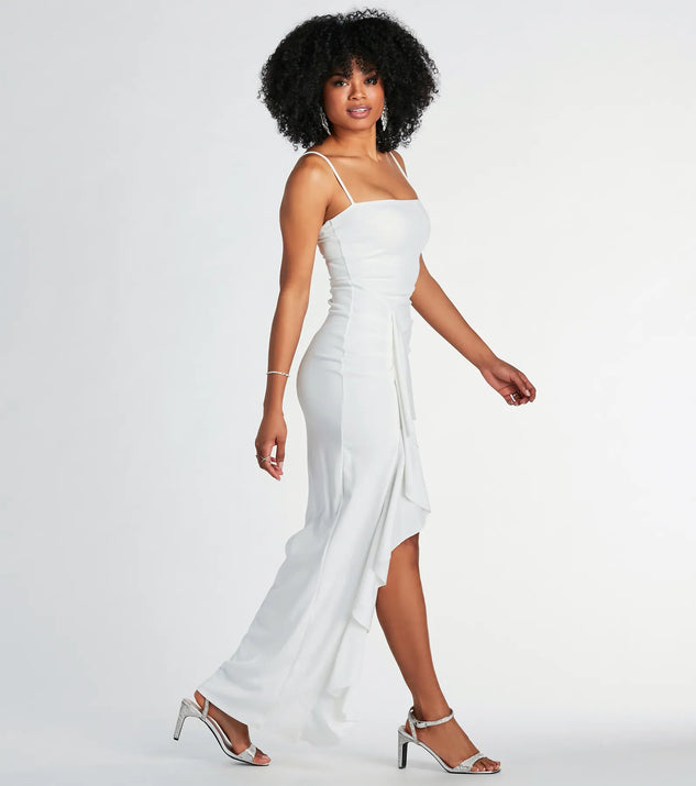Maggie Ruffled High Slit Crepe Formal Dress Maggie Ruffled High Slit Crepe Formal Dress