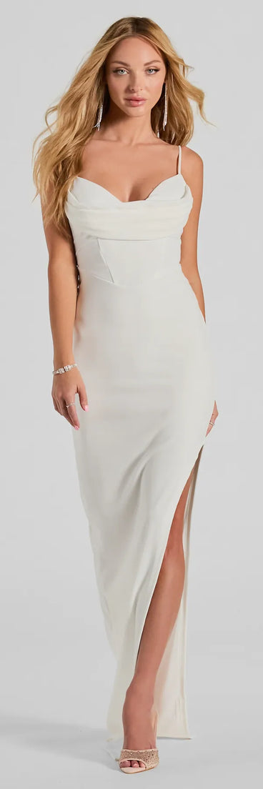 Feel instantly put-together in the Alex Cowl Neck Slit Slim Crepe Formal Dress in white, a summer wedding guest dress designed for confident style and all-out celebration.