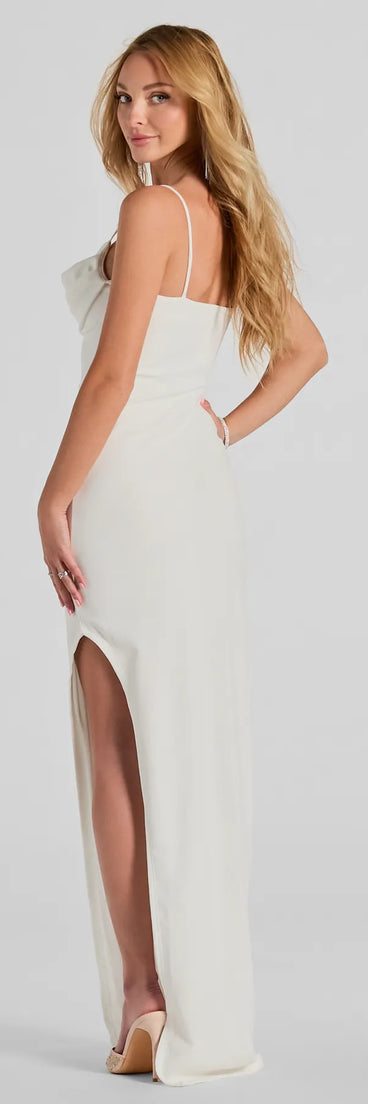 Step into Prom 2025 in a white prom dress, where unique Windsor accents and the standout Alex Cowl Neck Slit Slim Crepe Formal Dress style come together.