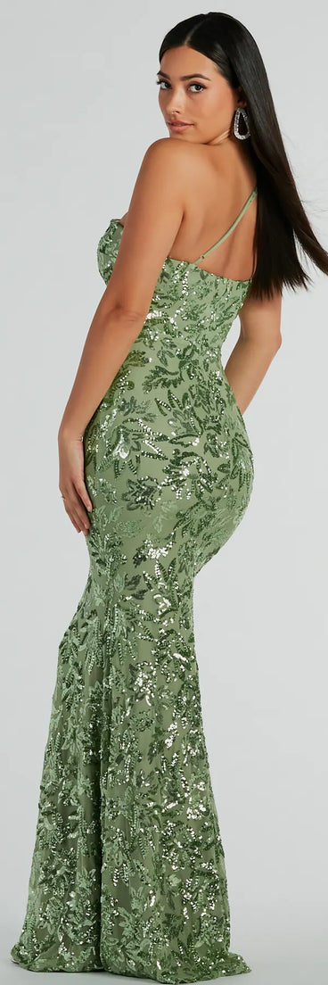 Feel ready for every dance floor moment or feed-worthy reel in the Meredith One-Shoulder Sequin Formal Dress, a sage green homecoming dress designed to own your moment.