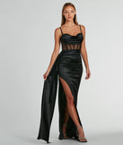Turn heads at Prom 2025 in this black prom dress, where statement-making details meet the iconic style of the Fallon Satin Corset Side Sash Formal Dress .