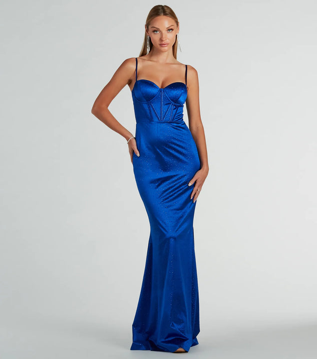 Turn heads at Prom 2025 in this royal blue prom dress, where statement-making details meet the iconic style of the Jaiden Bustier Rhinestone Satin Formal Dress .