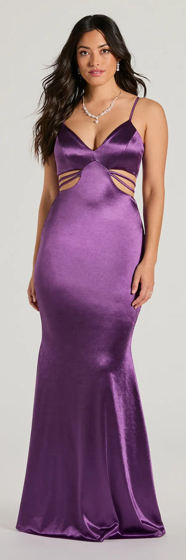 The Pricilla V-Neck Strappy Mermaid Satin Formal Dress is an elegant purple formal dress in a rich seasonal color and with unique design accents that make dressing up for winter parties, holiday balls, or festive gatherings effortless!