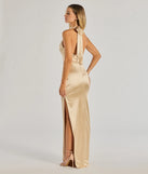 The elegant Melina Halter Slim Long Satin Formal Dress is a gold satin bridesmaid dress crafted with luxe fabric, ideal for modern weddings and traditional bridal parties.