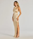 Make a bold statement in the Melina Satin Halter High Slit Column Dress in gold, the perfect spring dress for weddings, cocktail hours, nights out, and/or seasonal celebrations.