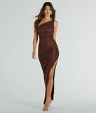 You'll be the best dressed in the Yara One-Shoulder High Slit Glitter Mesh Formal Dress as your summer formal dress with unique details from Windsor.