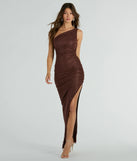 Turn heads at Prom 2025 in this brown prom dress, where statement-making details meet the iconic style of the Yara One-Shoulder High Slit Glitter Mesh Formal Dress .