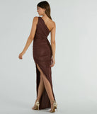 Revamp your 2025 wardrobe with this chic addition, the Yara One-Shoulder High Slit Glitter Mesh Formal Dress in brown, perfect for elevating your style in the new year.