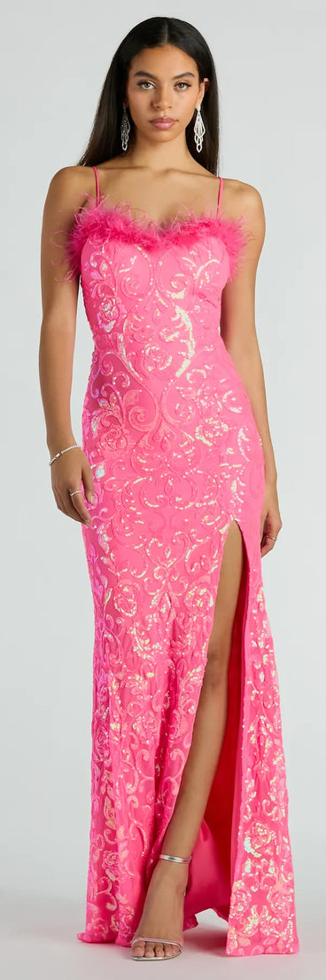 Cara Marabou Trim Mermaid Slit Sequin Formal Dress