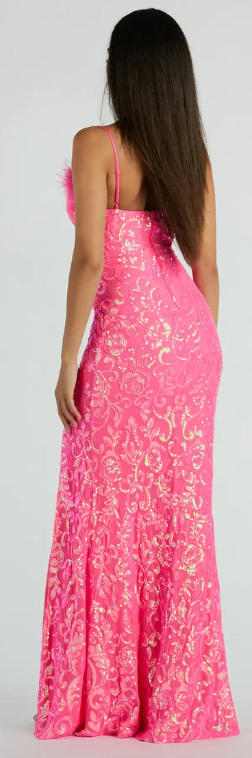 Cara Marabou Trim Mermaid Slit Sequin Formal Dress