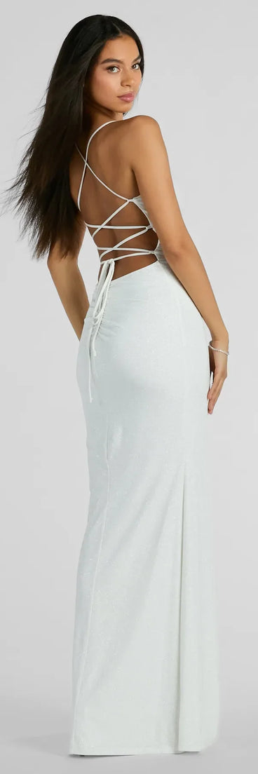 Feel instantly put-together in the Eliana Lace-Up Mermaid Glitter Knit Formal Dress in white, a stylish wedding guest dress designed for confident style and all-out celebration.