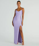 Turn heads at Prom 2025 in this lavender prom dress, where statement-making details meet the iconic style of the Natalie Cowl Neck Lace Up Slit Formal Dress .