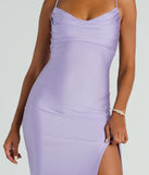 Make a bold statement in the Natalie Cowl Neck Lace-Up Slit Column Dress in lavender, the perfect spring dress for weddings, cocktail hours, nights out, and/or seasonal celebrations.